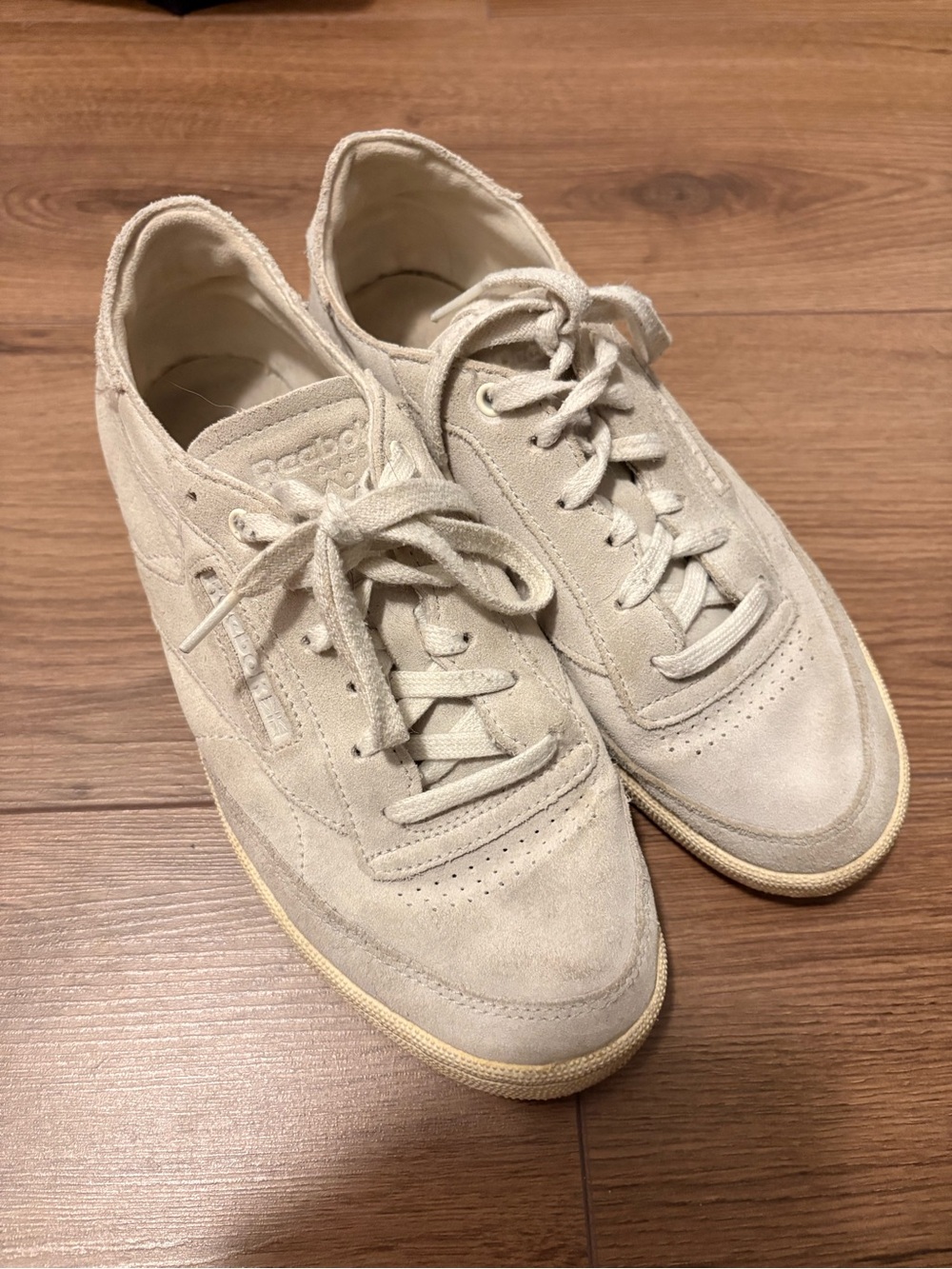 reebok light cream suede sneakers